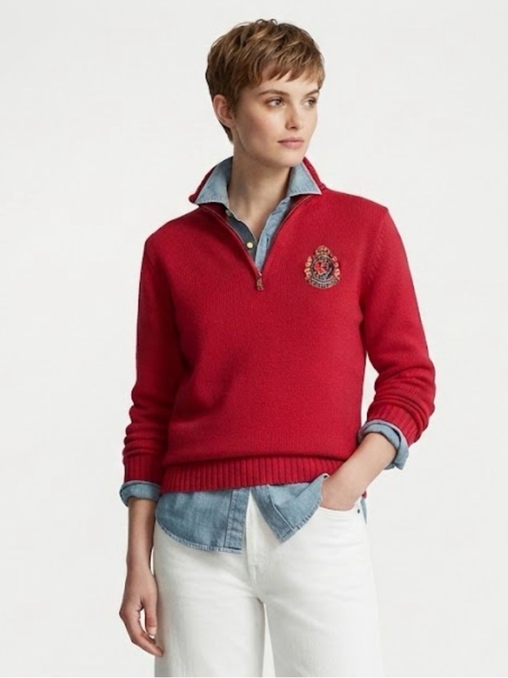 LAUREN Ralph Lauren Red 1/4 Zip Ribbed Cotton Pullover Sweater SZ M